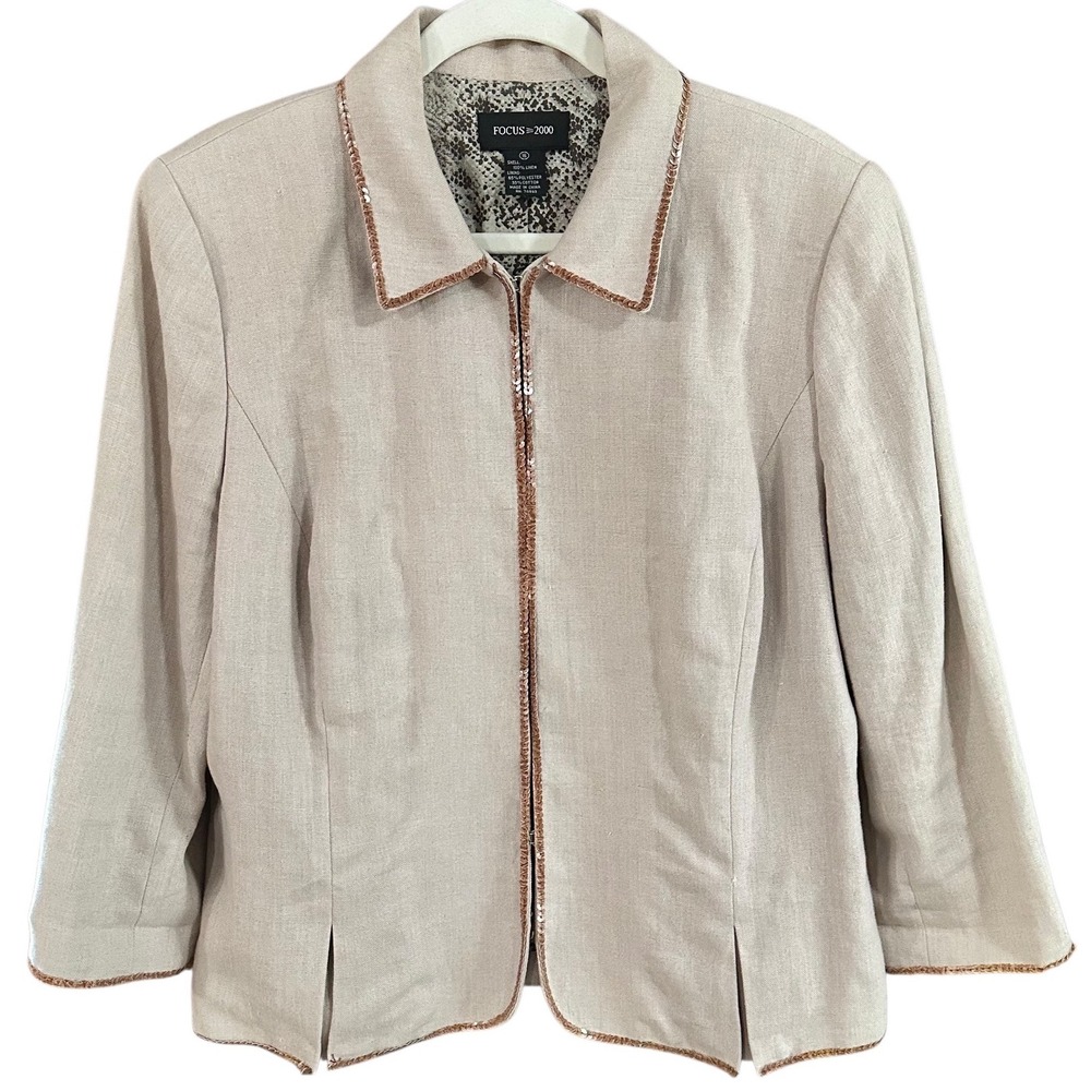 Focus 2000 Linen Jacket Sequin Trim Snake Print Lining Hook & Eye Closure